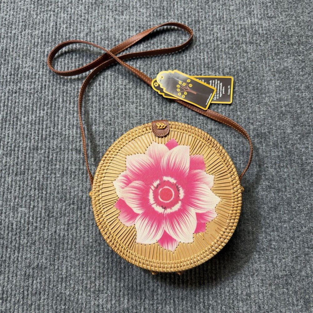 ShelterCast Round Rattan Bag Handwoven Boho Round Purse Tan Pink Flower NEW